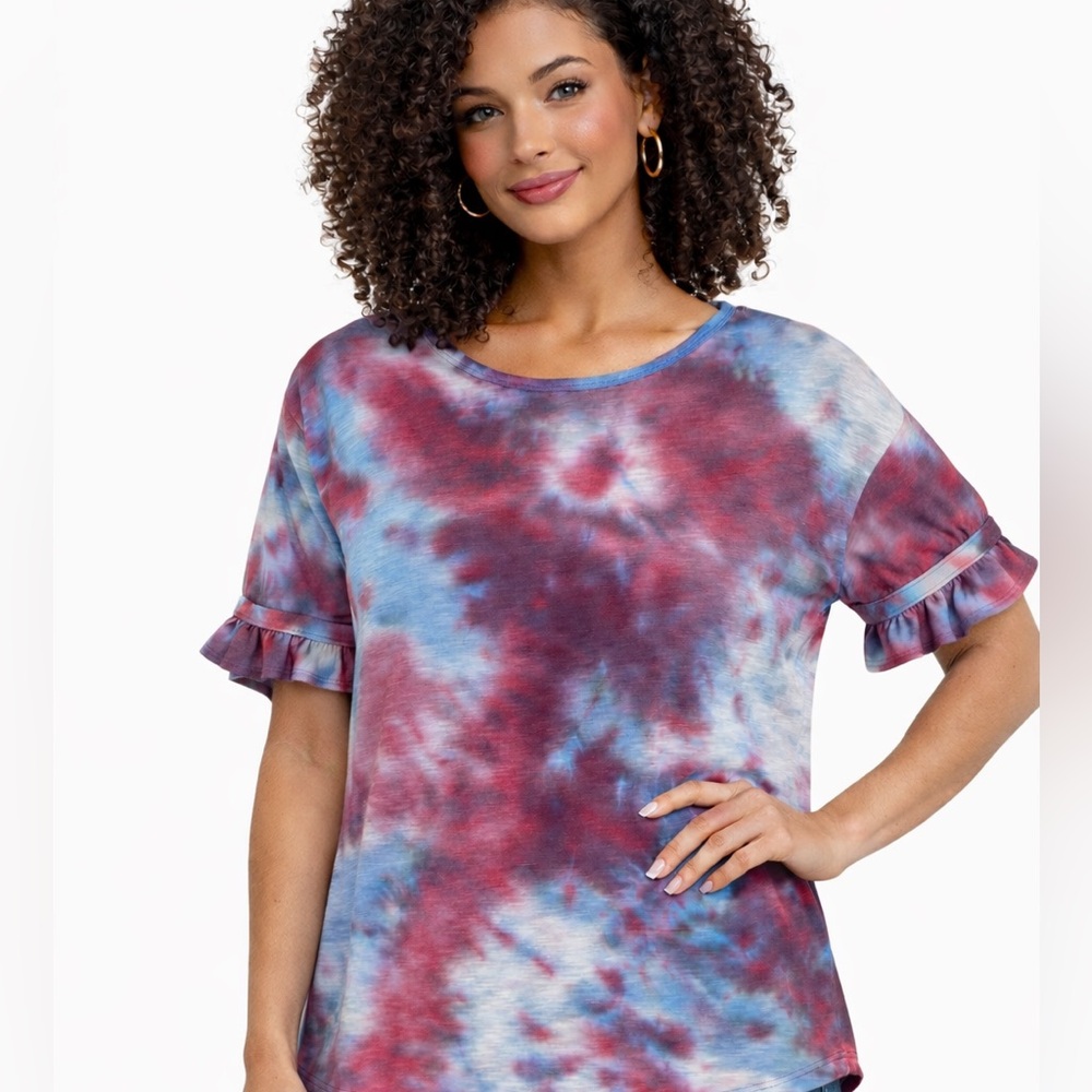 Lime & Chili Super Soft Tie-Dye Pink Blue Crewneck Top Sleeve Details Sz S NWOT